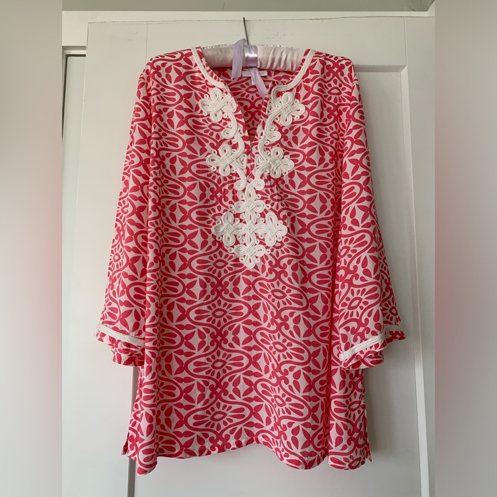 Charter Club Wm’s Sz L Boho Soutache Tunic Blouse Pink/White EUC